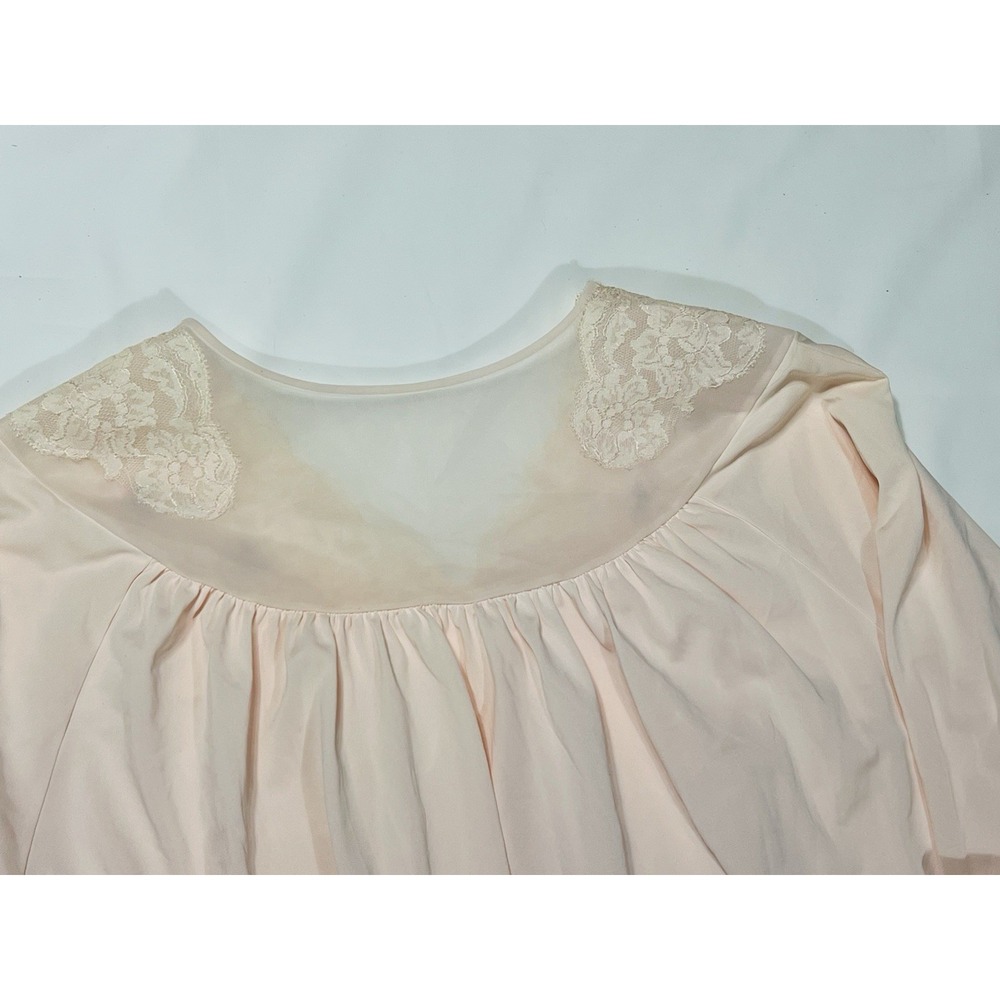 Shadowline Long Robe Pink Peach Nylon Lace Button Front Romantic VTG Size Large - Picture 2 of 11